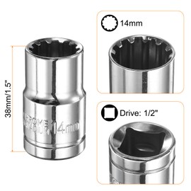 sourcing map 2pcs 12 Point Socket 1/2" Drive by 14mm Metric Shallow Socket Chrome Vanadium Steel 12-Point Standard Sockets Mechanic Hand Tool for Car Repair Mechanical Maintenance Home Use