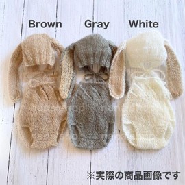 [NANA's shop] Rabbit Ears Hat and Knitting Pattern Overalls, Newborn Photo Costume, Bonnet, Age Photo (White)