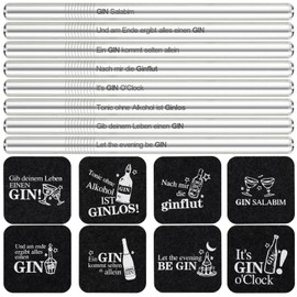 XIAONIU Gin Gift Set Coasters Gin 8 Pieces + 21.5 cm 304 Stainless Steel Straws 8 Pieces 8 Funny Sayings for Ginfans Gin Lovers and Gin Drinkers