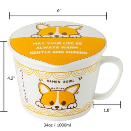 Ketinea 34oz Ceramic Ramen Bowl Set Charming, Lid, Handle, and Stainless Steel Chopsticks Elevate Your Noodle Experience Ideal Gift for Teens and Kids (corgi)