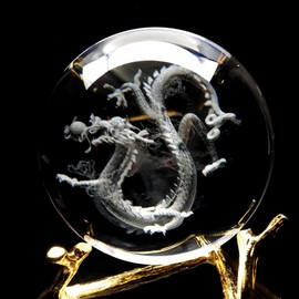 Dragon Crystal Ball, Approx. 3.1 inches (80 mm), Ryujin Chrysanthemum, Figurine, Artificial Crystal, Round Ball, With Base, New Year, Luck, Carved, Figurine, Dragon, Chinese Year Power Stone