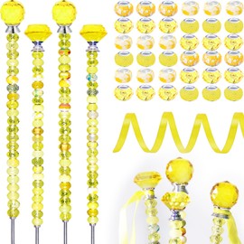 119 Pcs Garden Stake DIY Fairy Wand Plant Stake with Yellow Large Hole Beads Crystal Diamond Stopper Top 4 Stainless Steel Threaded Rod Beaded Garden Stakes for Outdoor Indoor Yard Patio Decorations