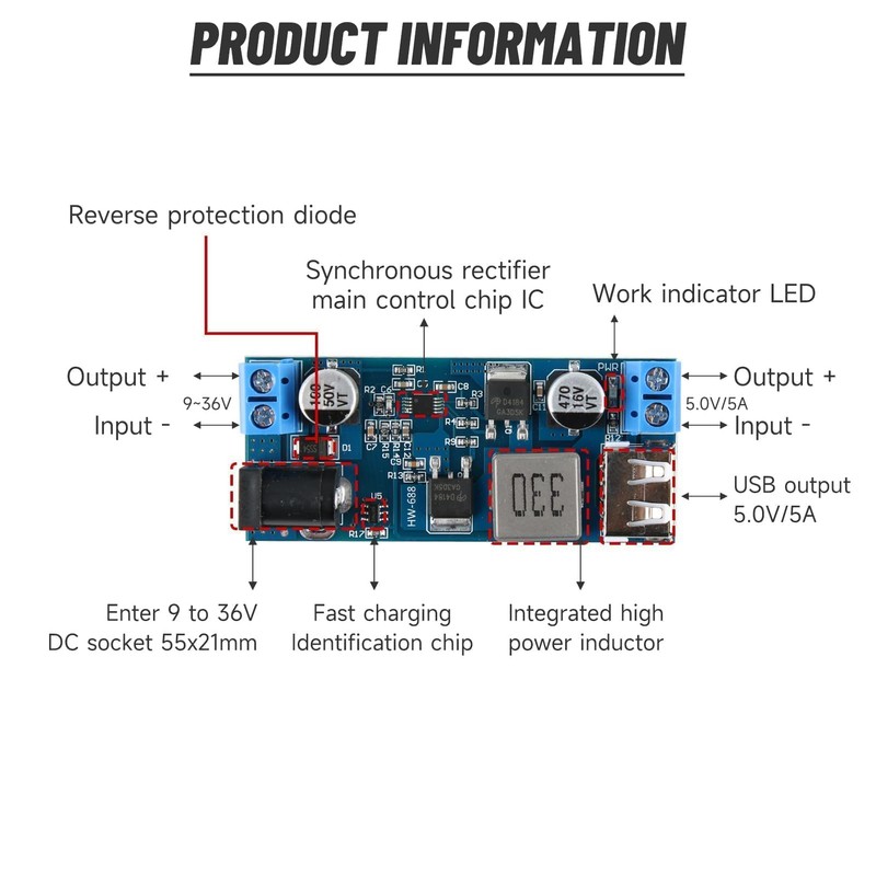 24V / 12V to 5V 5A Power Buck Converter DC-DC