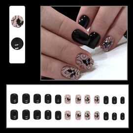24 Pcs Black Press on Nails Short Square - MINGCHUN Fall Fake Nails Press ons French Nail Tip Vine Butterfly Design Full Cover False Nails Glue on Nails Stick on Nails Acrylic Nail Art Kit
