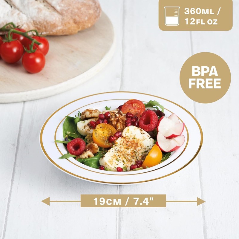 MATANA 100 Premium White Plastic Bowls with Gold Rim, 360ml