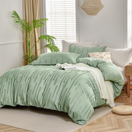 Shatex Boho Duvet Cover Full Size-Striped Textured for Sage Green Duvet Cover Tufted Bedding Set,3 Pieces,1 Duvet Cover 82"x86" with 8 Corner Ties and 2 Pillow Cases 20"x26"