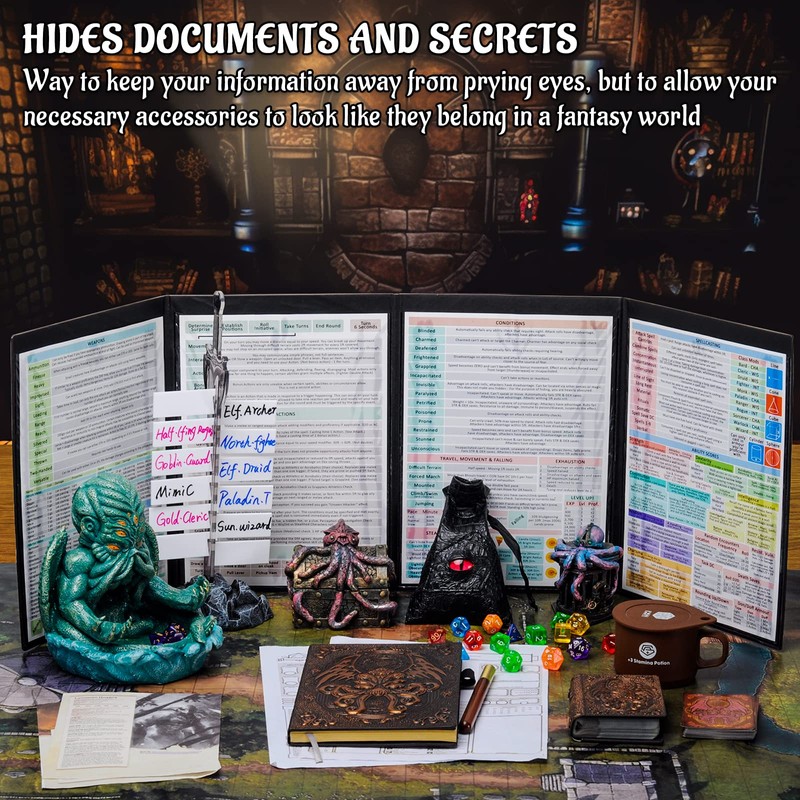 CZYY DND Dungeon Master Screen Four-Panel with Pockets, Faux Leather