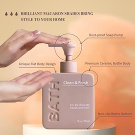 MKLZ Ceramic Soap Dispenser for Bathroom, 12oz Lotion Hand Dispensers with Pump, Refillable Dish Liquid Bottle for Kitchen Sink - Pink