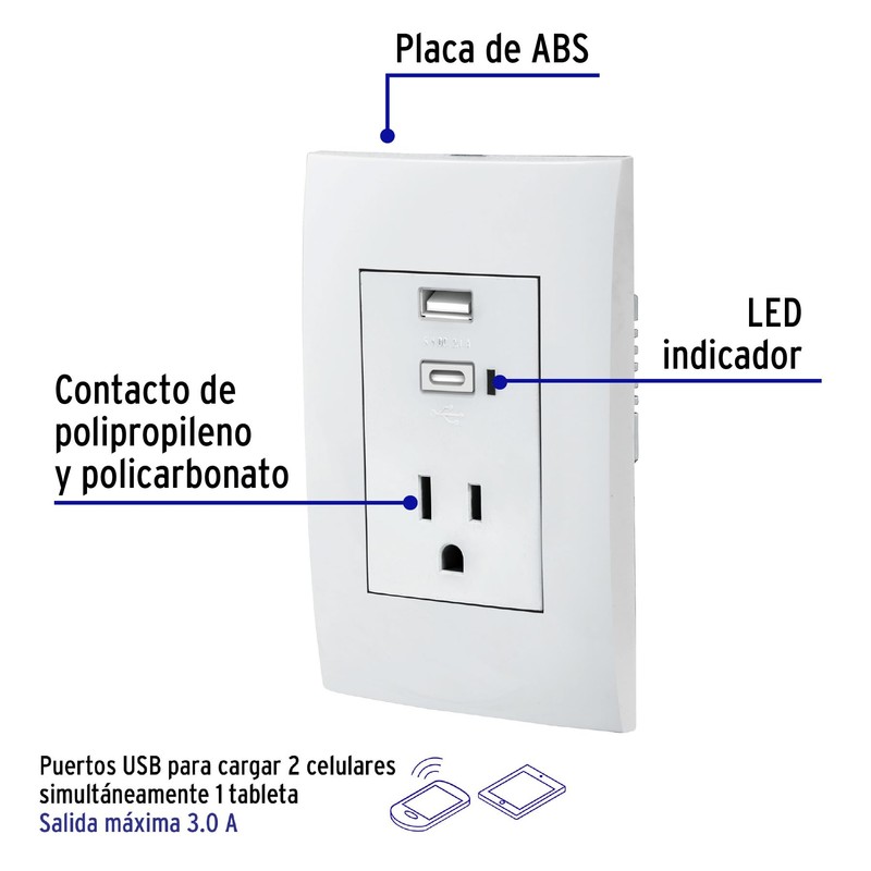 Volteck COUSB-OB, Contacto 2 polos + tierra con 2 puertos