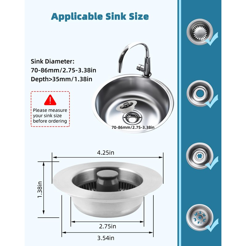 Hygie Rinse Universal Kitchen Sink Stopper Strainer 2PCS 3-in-1#304 Stainless