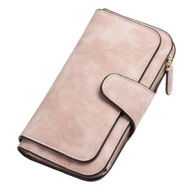 Billetera de Bloqueo RFID para Mujer Bifold Cuero de PU de Gran Monedero de Viaje, Capacidad Portatarjetas de Teléfono Organizador Monedero con Bolsillo con Cremallera a Presión para Niñas, Rosa