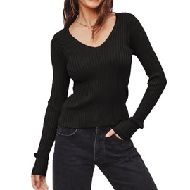 Lacozy Sweaters for Women Long Sleeve V-Neck Top Lightweight Ribbed Knit Black Sweater Fall Trendy Clothes S