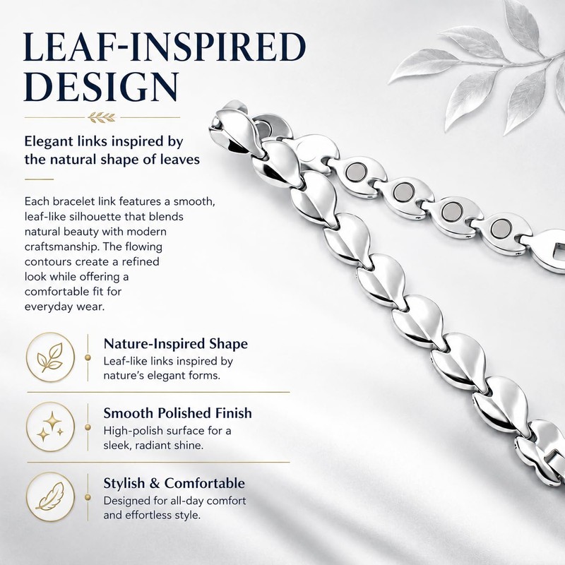 Magnetic Bracelets for Women, Stainless Steel Leaf Links, Fashion Design
