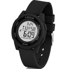 F.ZEGAO Digital Watch Womens with Stopwatch Alarm, 10ATM Waterproof Watches for Women Silicone Band, Black
