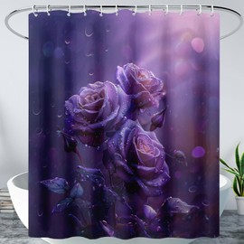 AILONEN 3D Purple Rose Rose Shower Curtain,Romantic Floral Shower Curtain for Bathroom,Oil Rose Waterproof Fabric Shower Curtain Set with Hooks for Girls Women, 72" W*84" H