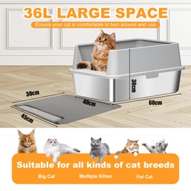 Stainless Steel Cat Litter Box with Lid XL Metal Extra Large Litter Box with High Sides, Big Cat Litter Pan Include Scoop & Mat Easy to Clean, Non Stick, No Smell, Anti-Urine Leakage (Light Gray)