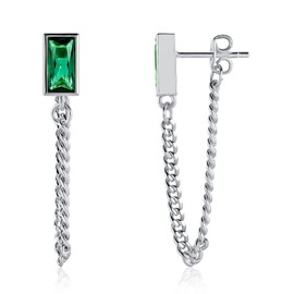 14K Gold Plated Chain Dangle Earrings，925 Sterling Silver Stud Earrings for woman (white gold -emerald)