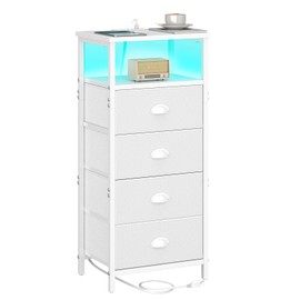 sthmec Nightstand with Charging Station,LED White Nightstand with 4 Fabric Drawers PU Finish, Bedside End Tables, 2-Tier Open Storage Shelf Side Table Nightstand with Drawers for Bedroom,White