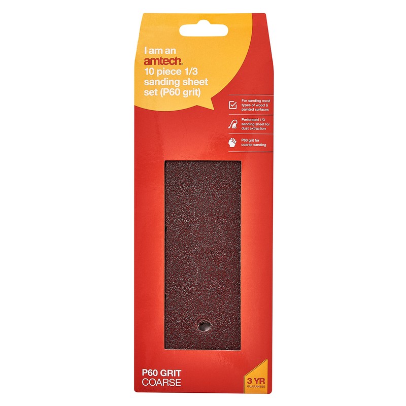 Amtech V4000 P60 Grit 1/3 Sheet Sander Set, 10 piece