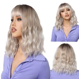 Tangyaoyusun 14Inch Short Wavy Curly Wig with Bangs Shoulder Length Bob Synthetic Wigs with Natural Wavy Hair for Daily Party Use (Silver Gray)