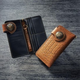 Sasical sbbsa0037s Men's Biker Wallet Long Wallet Genuine Leather Cowhide Croco Embossed Rider Wallet Leather Wallet Bifold Biker Wallet Chain Long Wallet with Chain, Brown x Indian