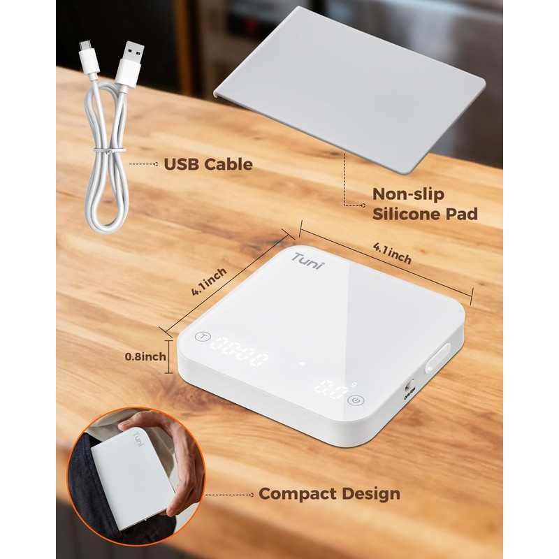 Tuni Rechargeable Mini Coffee Scale with Timer, 2kg/0.1g Accurate Espresso