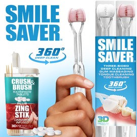 SMILE SAVER 360° Deep Clean 3-Sided Toothbrush 2PK + Toothpaste Tablets + Zing Stix Cinnamon Infused Toothpicks | Gum Massage & Tongue Cleaner | Kids Special Needs Adults Children Braces Travel | USA