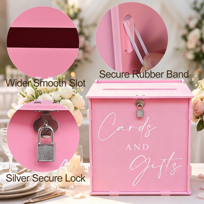 Pink Large Card Box with Lock, Wedding Card Boxes for