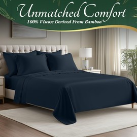 DECOLURE 100% Viscose Derived from Bamboo Sheets Twin Size 4pcs - Ultra Soft & Luxuriously Cooling, 17" Deep Pocket, Double Stitching, Perfect for Hot Sleepers - Twin Bed Sheets (Navy Blue)