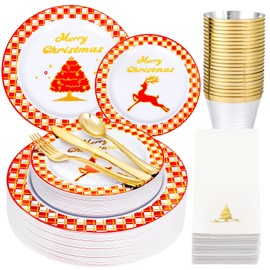 Ciaell 175PCS Christmas Plastic Plates - Red and Gold Plaid Plates include 25Dinner Plates, 25Dessert Plates, 25Knives, 25Forks, 25Spoons, 25cups, 25 Christmas Napkins for Christmas Party