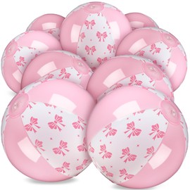 Arrowbash 12 Pcs 9 Inch Pink Bow Inflatable Beach Balls Coquette Cute Pool Floats PVC Balls for Summer Hawaiian Tropical Theme Beach Pool Bachelorette Party Supplies (Pink White)