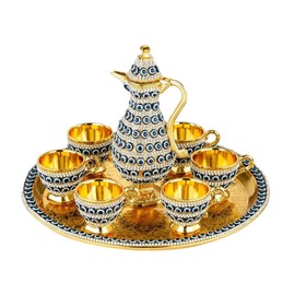 Turkish Coffee Tea Zamzam Water Serving of 6 with Cup Serving Tray Pot Set | Steel Serving Tray, Pitcher and 6 Cups (280 ML / 9,5 Oz, Evil Eye and Zirconia, Gold Color)