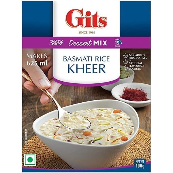 Gits Basmati Rice Kheer Dessert Mix 100g - A Traditional Popular Indian Dessert Made From Milk And Rice - Garnished With Almond Pistachios And Raisins Flavoured With Saffron And Cardamon (Pack of 1)