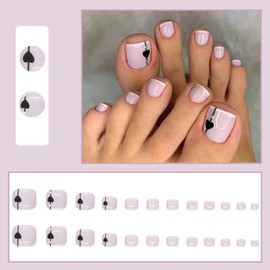 Pack of 24 Artificial Toenails French Short Square False Toenails Black Heart Natural Full Cover Acrylic Stick on Toenails Kit for Women and Girls Nail Decoration Art