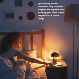 Small Wood Mushroom Lamp, 1000mAh Stepless Dimming Cordless Wooden Nightlight for Home Decor (Walnut Color)