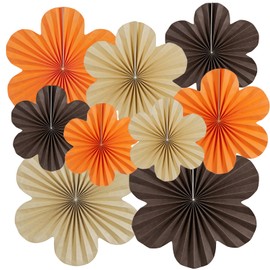 SUNBEAUTY Paper Flowers Decorations for Wall Paper Fans Classroom Decoration Paper Floral Backdrop Decor Paper Fans Decoration Hanging Paper Fans Brown Flower Wall Decor,Set of 9