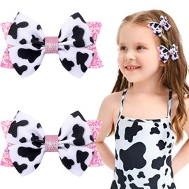 2PCS Cow Print Hair Bow Clips for Girls, Cute Moo Cow Bows Pink Grosgrain Ribbon Alligator Clips Hair Accessories for Toddler Infant Children kids Women Girls Cow Print Birthday Party Decorat (Type A)