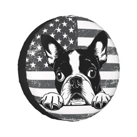 Funny Boston Terrier Dog American Flag Spare Tire Covers Wheel Protector for Truck, SUV, Trailer, Camping, Rv Tire Covers 17 Inch