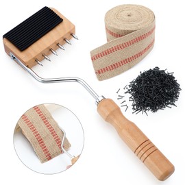 Lanties Upholstery Tool Set-3.5" Burlap Jute Webbing Tape 10 Yards, Gooseneck Webbing Stretcher Wood Handle, 115pcs 1/2" Black Upholstery Tacks-for Chair, Sofa, Carpet & Craft Furniture Repair Kit