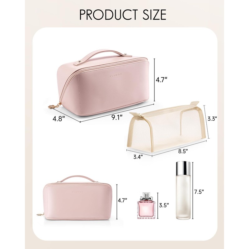 Vlando Travel Makeup Bag,Toiletry Bag for Women PU Leather Open