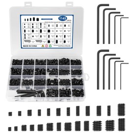 1145PCS 25 Sizes Metric & SAE Set Screw Assortment Kit,12.9 Class Alloy Steel Internal Hex Drive Cup-Point Set Screws Assortment Kit with 10 Hex Wrenches, M3 to M8 and 1/8-40 to 5/16-18