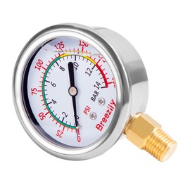 Breezliy Water Test Pressure Gauge,2.5" Dial,0-200PSI/0-1.4MPA,Glycerin Liquid Filled Pressure Gauge,1/4" NPTthread,Lower Mount, for Water Oil Air Pressure Test（Stainless Steel/Color）