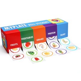 Frienda My Plate Food Box and Nutrition Roll Stickers Set with 5 Rolls of 200 for Each Food Group Teaching and Learning Supplies Nutrition Stickers Incentives and Rewards for Health Fairs