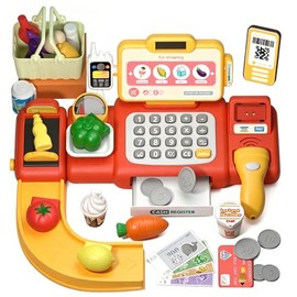52 PCS Caja Registradora Juguete para Niños y Niñas:Caja Supermercado,Escáner Inteligente,Calculadora,Cinta Transportadora,Comida Juguete y Pago Móvil