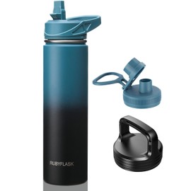 RUBYFLASK 24oz Insulated Water Bottle with Straw, Stainless Steel Metal Vacuum Water Flask, Large Thermos Water bottle with Leakproof 3 Lids for Travel, Camping, Gym Sports Indigo Black