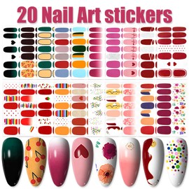 20 Sheets Cute Colorful Nail Polish Stickers Stick On Nail Polish Strips for Nails Art Polish Stickers, Cherry, Heart Designs Gel Nail Wraps Strips Stickers Mix-Design Nail Gel Stickers