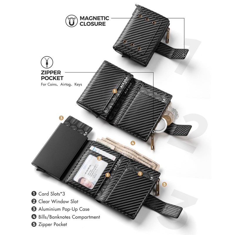 VULKIT Trifold Mens Smart Wallet with Aluminum POP UP Card