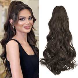Cybelleza Ponytail Extension Curly Wavy Claw Jaw Pony Tail 18" One Piece Clip in Hair Extensions Ponytail Hairpiece Synthetic Long Natural for Women, Medium Brown