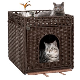 Handwoven Rattan Cat Litter Box Enclosure Furniture - Hidden Cabinet with Odor-Control Mat, Anti-Spill Fence & Secure S-Hooks for Living Room/Bedroom, 18.2"x18.2"x24.5" (Brown)
