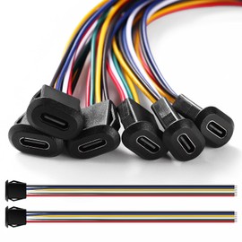 KUOQIY 6 Pieces 3A 6-Pin USB-C Female, USB C Female with Snap Groove Buckle, 6-Wire Installation Type C Female with 150 mm 24 AWG Wires, Black